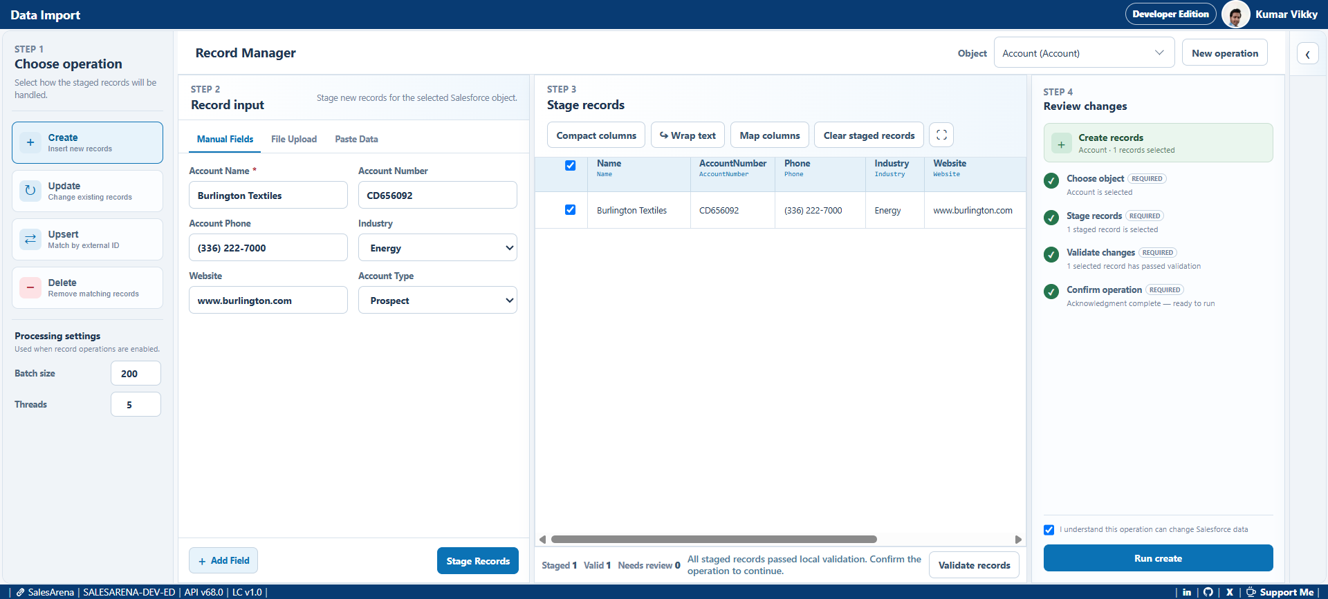 Data Import workspace with object selection and record staging controls