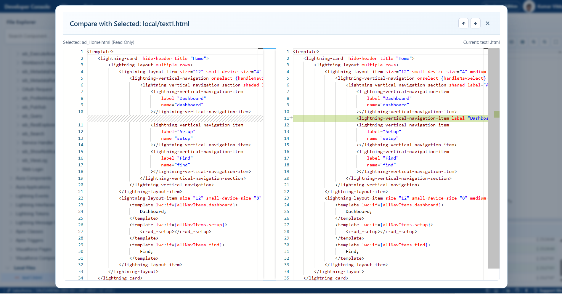 Developer Console compare two files