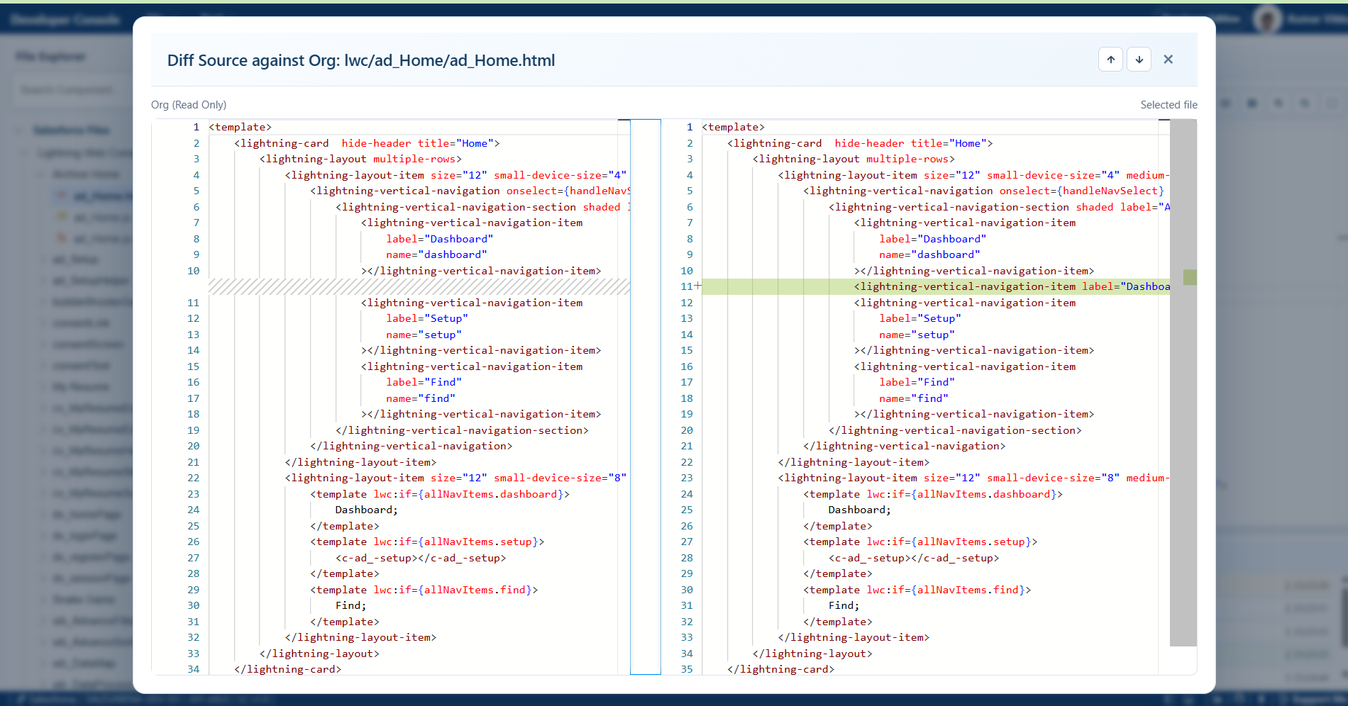 Developer Console diff file against org