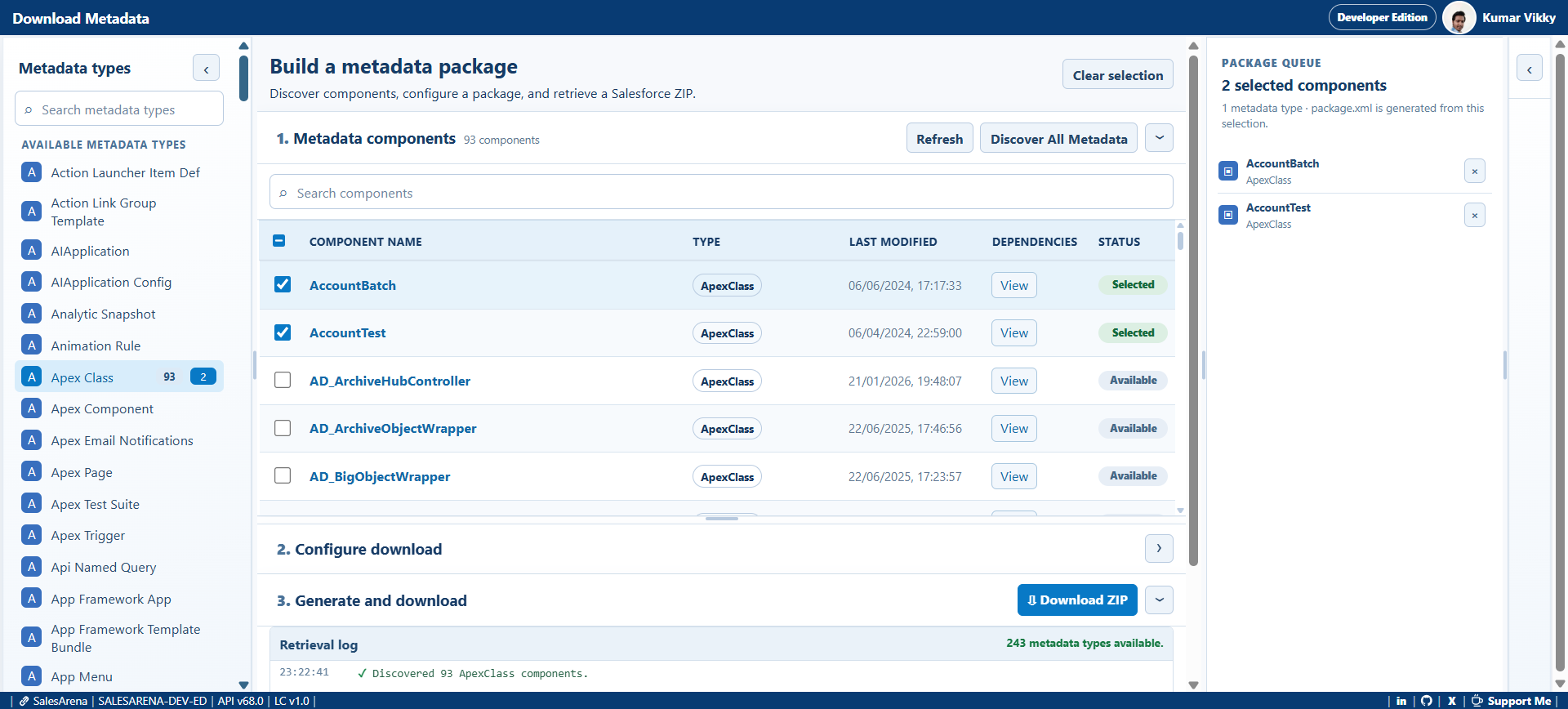 Download Metadata workspace showing Apex class selection and package queue