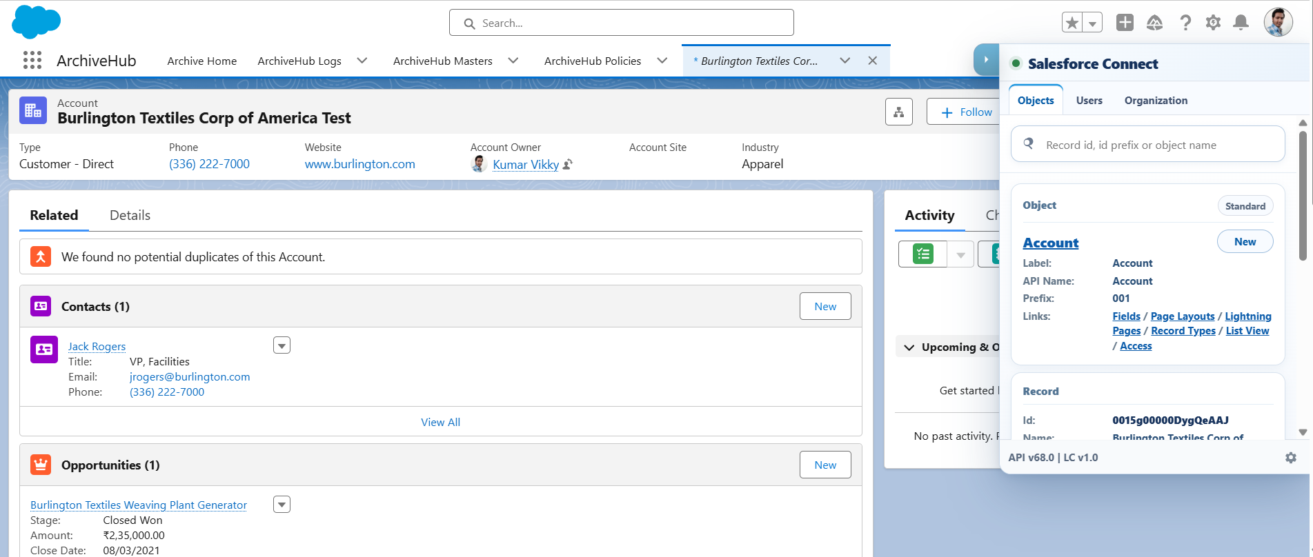 Lightning Connect launcher displaying Salesforce object and record information